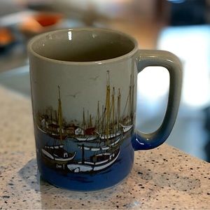 VTG Otagiri Japan ceramic mug sail boats seagulls water scenery 8 Oz beige blue